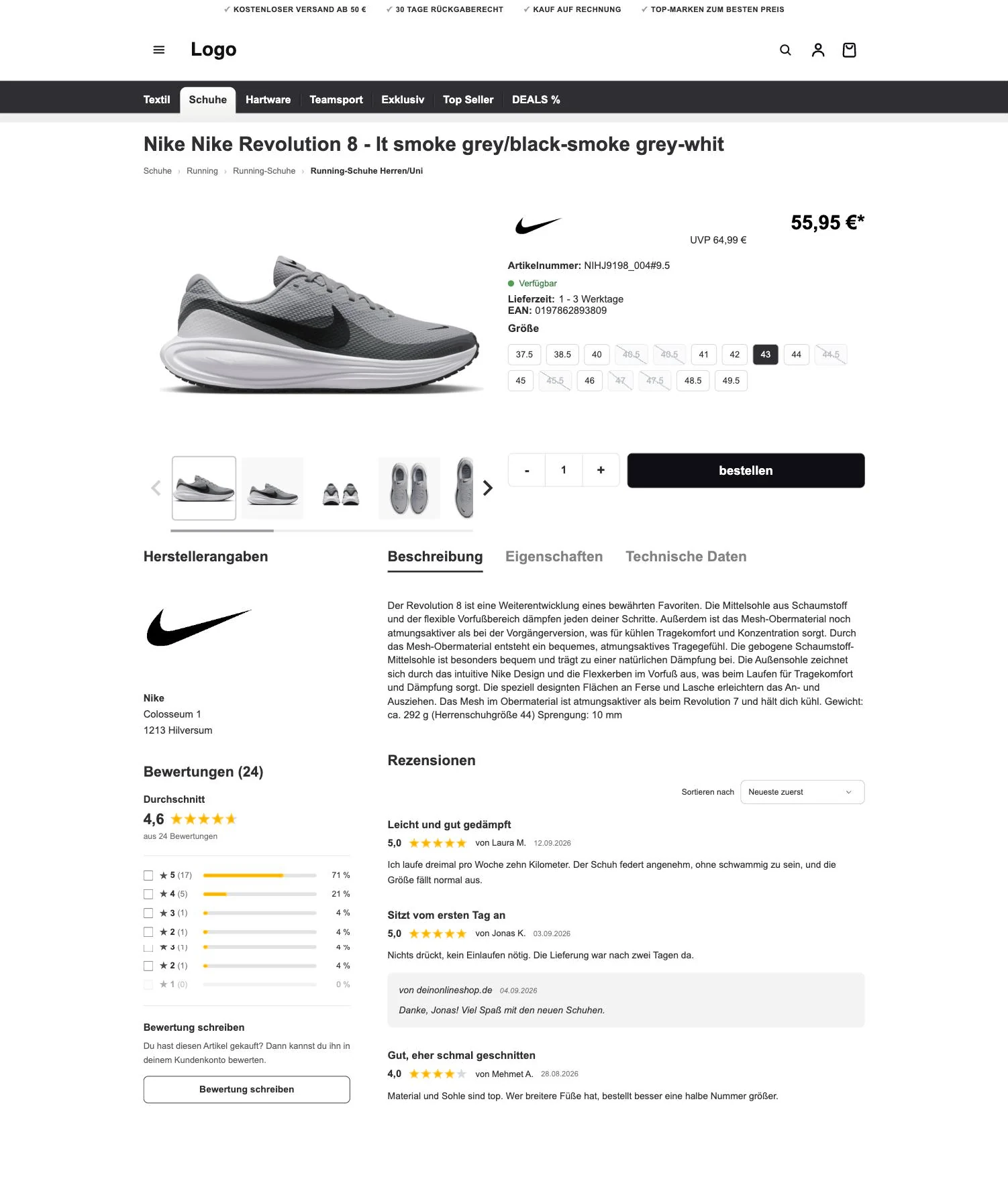 Produktseite eines Onlineshops mit neofire Core