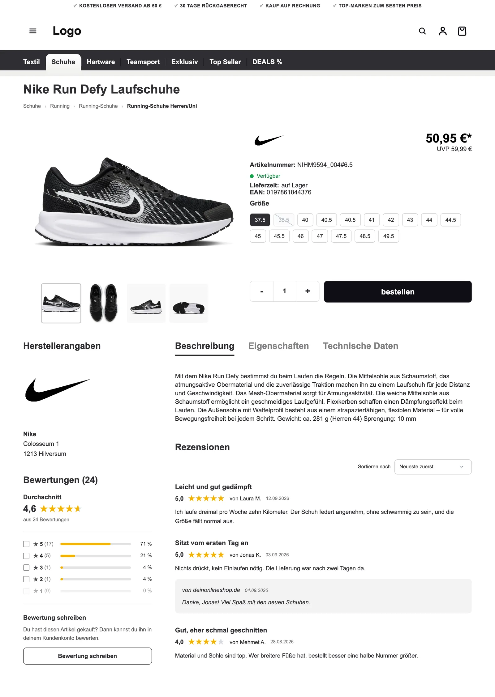 Produktseite eines Onlineshops mit neofire Core