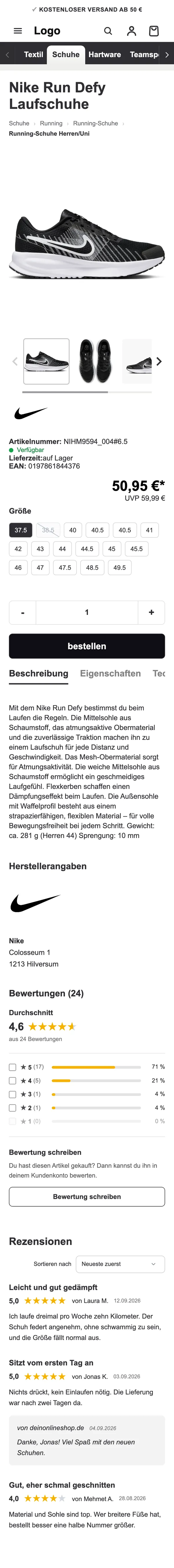 Dieselbe Produktseite auf dem Handy