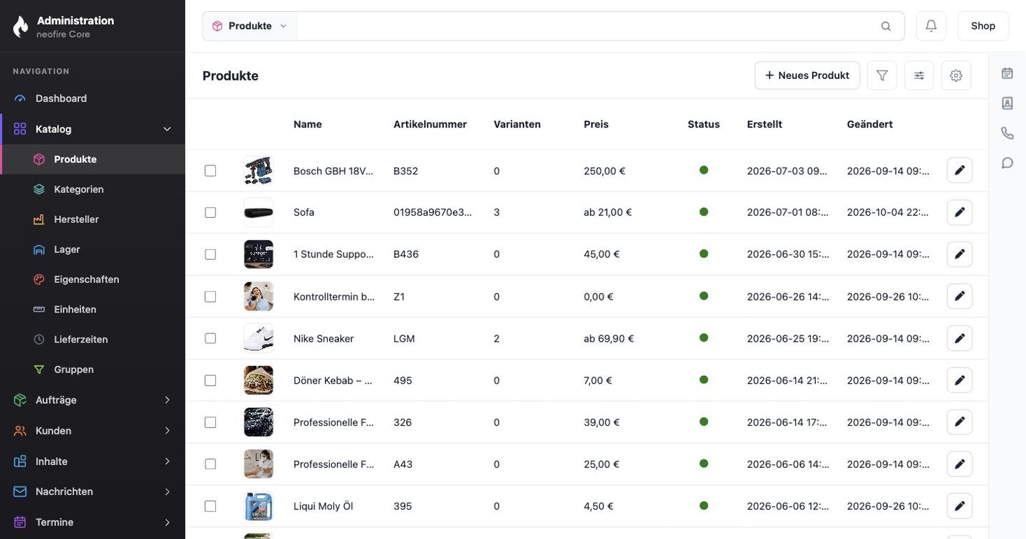 Produktliste im Admin mit dem Knopf Neues Produkt