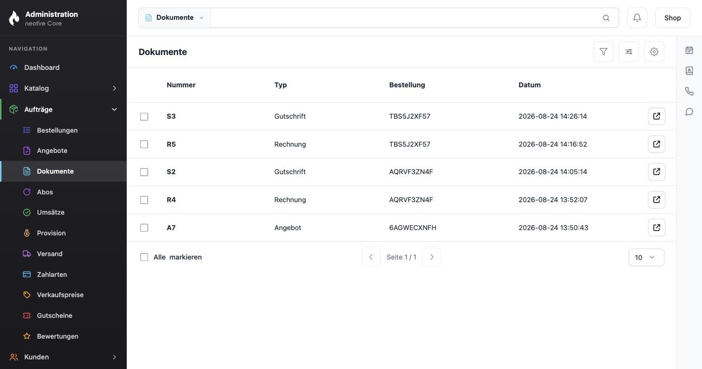 Belegliste im Admin