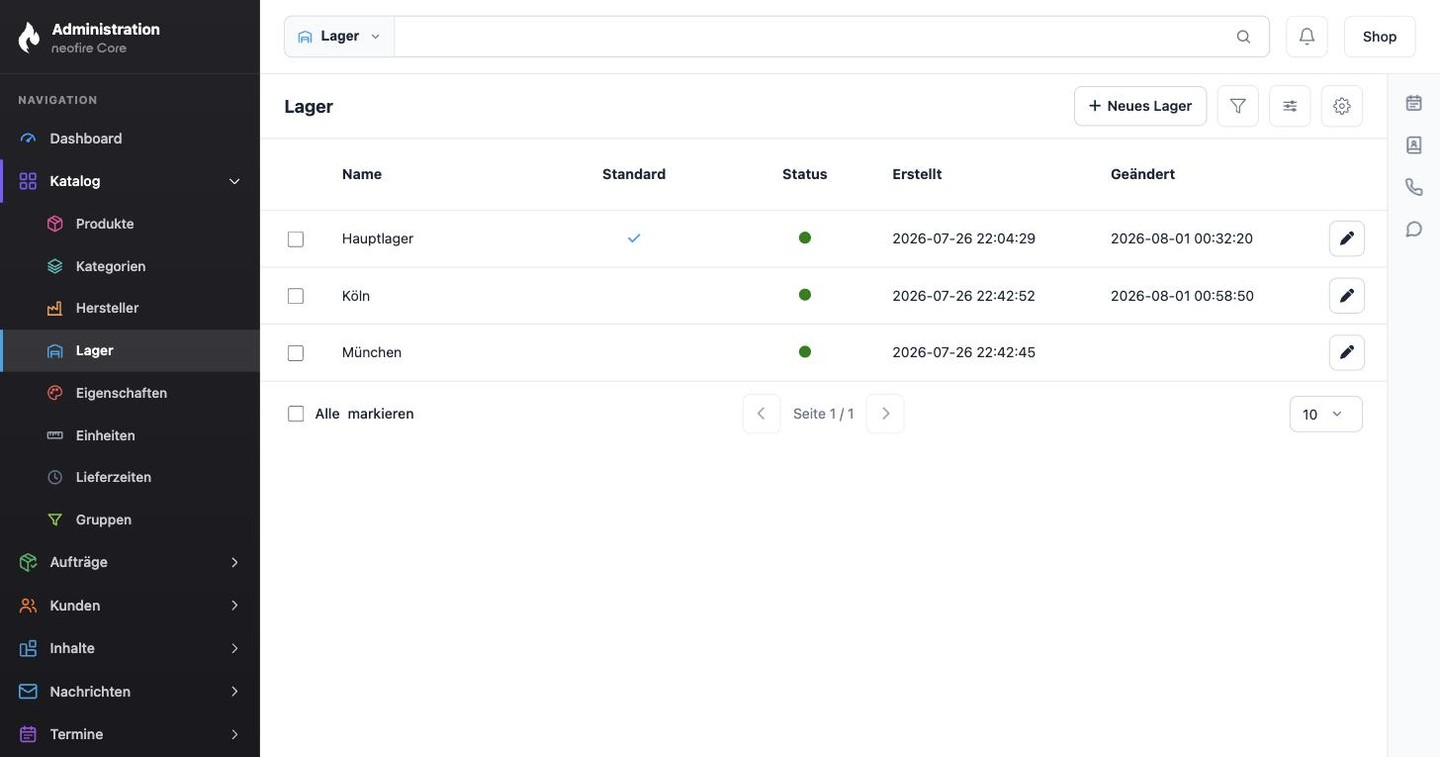 Lagerliste im Admin